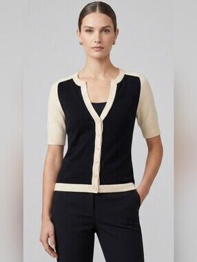 DVF Black Tan Short Sleeve Cashmere Sweater V-Neck Button Up Cardigan S $320